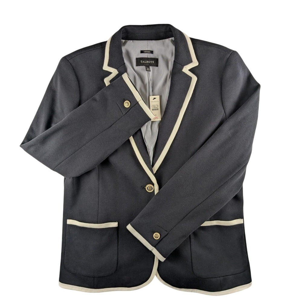 Talbots Blazer Jacket Ivory Trim Gold Buttons Career Office Coat Size 14
